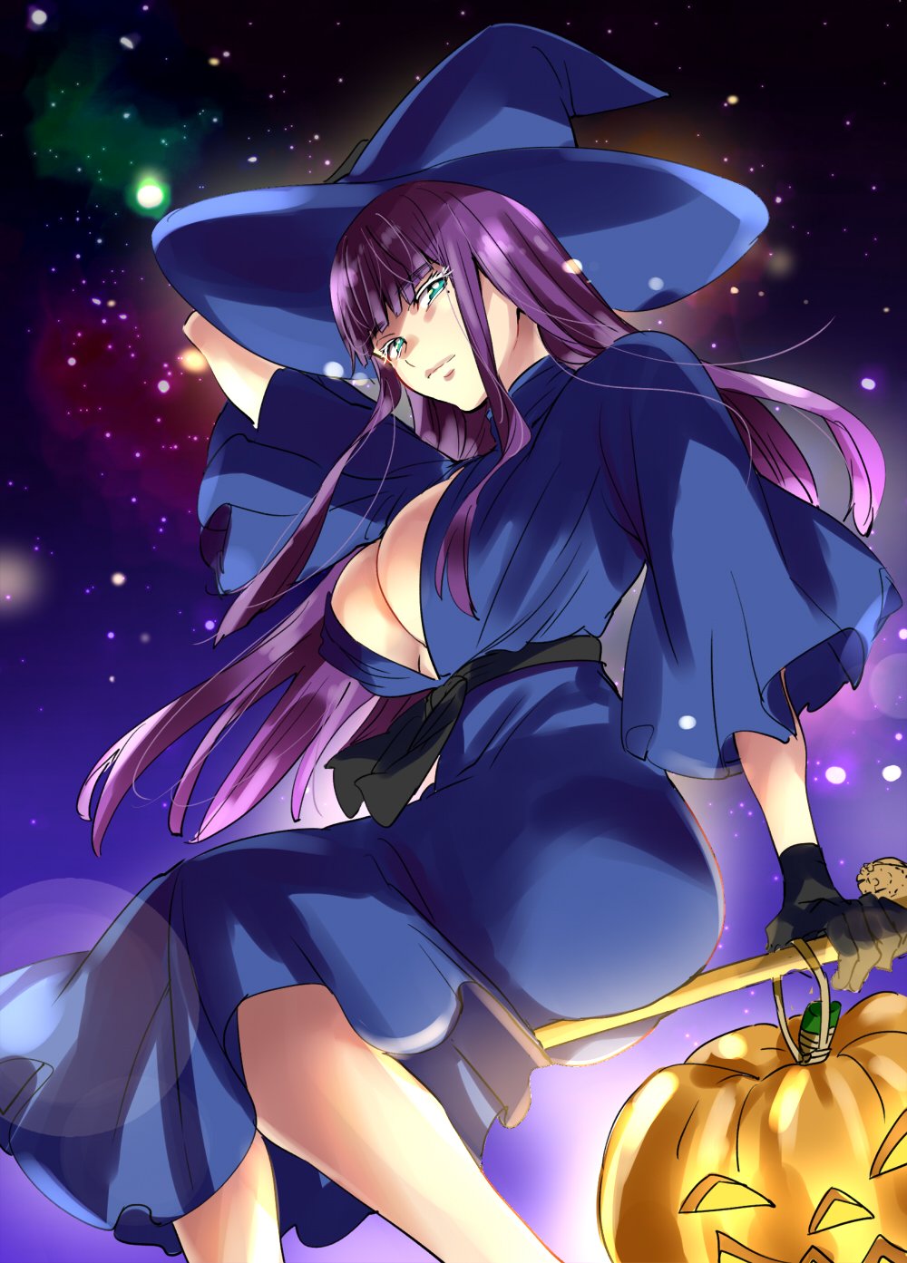 1girl adjusting_clothes adjusting_hat bangs black_gloves blue_dress blunt_bangs breasts broom broom_riding center_opening cleavage closed_mouth covered_nipples dress gloves green_eyes halloween hat highres jack-o'-lantern large_breasts long_hair looking_at_viewer mole mole_under_eye night night_sky purple_hair sash shouno_kotarou shuumatsu_no_harem sidelocks sitting sky solo star_(sky) starry_sky suou_mira wide_sleeves witch witch_hat
