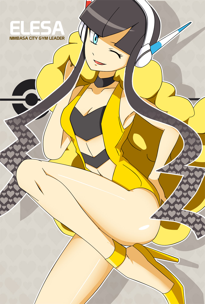 1girl black_hair blue_eyes fur_coat gym_leader headphones high_heels kamitsure_(pokemon) legs long_hair looking_at_viewer no_legwear one_eye_closed pokemon pokemon_(game) pokemon_bw solo twintails vivivoovoo