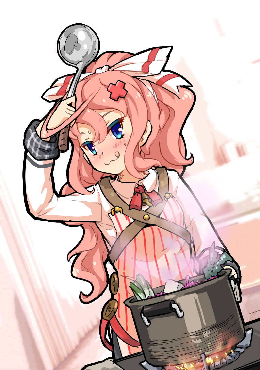 1girl :3 :p alternate_costume alternate_hairstyle apron arm_up bell blue_eyes blush bow cooking dutch_angle fire hair_ribbon highres holding javelin_(zhan_jian_shao_nyu) ladle long_hair long_sleeves looking_at_viewer photo_background pink_hair ponytail pot ribbon shirt sirills solo stove sweatdrop tongue tongue_out upper_body vegetable white_ribbon white_shirt zhan_jian_shao_nyu