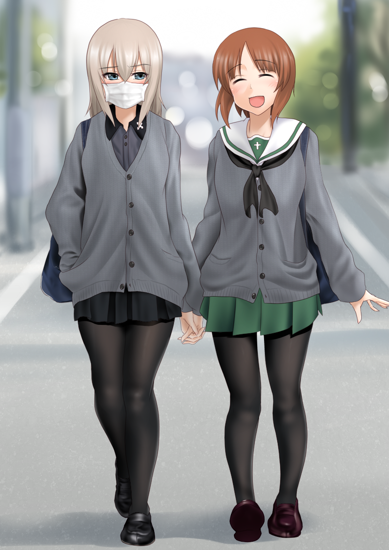 2girls ^_^ arms_at_sides bag black_legwear black_shoes black_skirt blue_eyes blurry blush bokeh breasts brown_hair buttons cardigan closed_eyes covered_mouth cross_print day depth_of_field eyebrows eyebrows_visible_through_hair girls_und_panzer green_skirt grey_shirt hand_in_pocket himeoka_yuki holding_hands interlocked_fingers itsumi_erika loafers long_sleeves looking_at_viewer miniskirt multiple_girls neckerchief nishizumi_miho pantyhose pleated_skirt road school_uniform serafuku shadow shirt shoes short_hair shoulder_bag silver_hair skirt street surgical_mask utility_pole walking