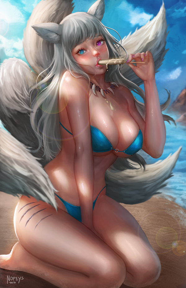 1girl 2016 animal_ears artist_name bangs bare_shoulders barefoot beach between_legs bikini blue_bikini blue_eyes blue_sky breasts cleavage clouds cloudy_sky collarbone covered_nipples dated dripping eating eyelashes fingernails food fox_ears fox_girl fox_tail hand_between_legs hand_up heterochromia highleg highleg_bikini ice_cream jewelry large_breasts lipstick long_hair makeup multiple_tails nail_polish necklace norman_de_mesa nose o-ring_bikini o-ring_top ocean original pink_lips pink_lipstick pink_nails popsicle scar seiza sexually_suggestive sitting sky solo strap_gap string_bikini swimsuit tail violet_eyes white_hair