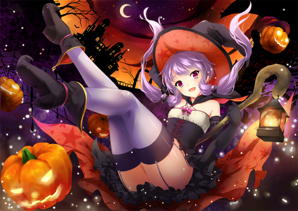 1girl ankle_boots bird black_boots black_gloves boots breasts bug_(artist) building cane cape clouds cosplay crescent_moon gloves halloween hat lamp long_hair looking_at_viewer miniskirt moon night night_sky open_mouth pumpkin purple_hair silk skirt sky small_breasts solo spider_web star thigh-highs tied_hair town tree violet_eyes vocaloid voiceroid witch witch_hat yuzuki_yukari zettai_ryouiki