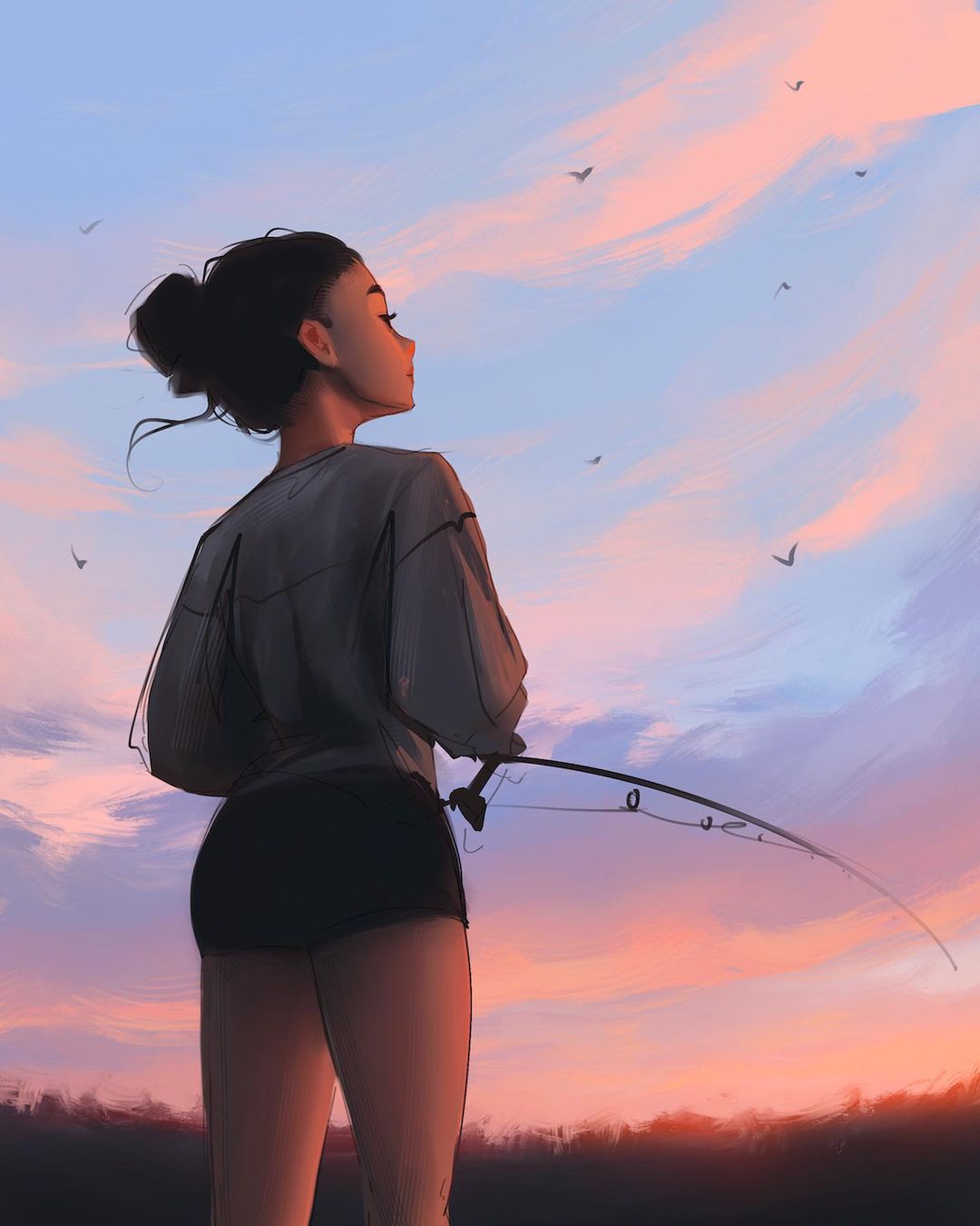 1girl bird clouds cowboy_shot fishing fishing_rod highres outdoors profile sam_yang short_hair sky solo sunrise thighs