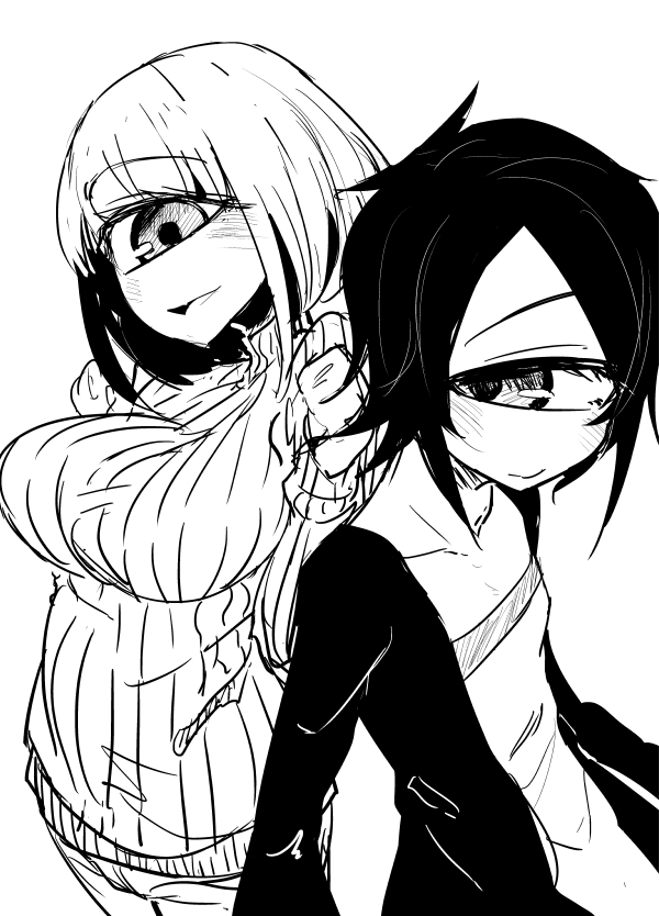 2girls :d bangs black_hair blunt_bangs blush breasts collarbone cyclops from_above greyscale large_breasts looking_at_another looking_at_viewer monochrome multiple_girls one-eyed open_mouth original perspective ribbed_sweater sarashi sidelocks simple_background sketch smile soropippub sweater white_background white_hair