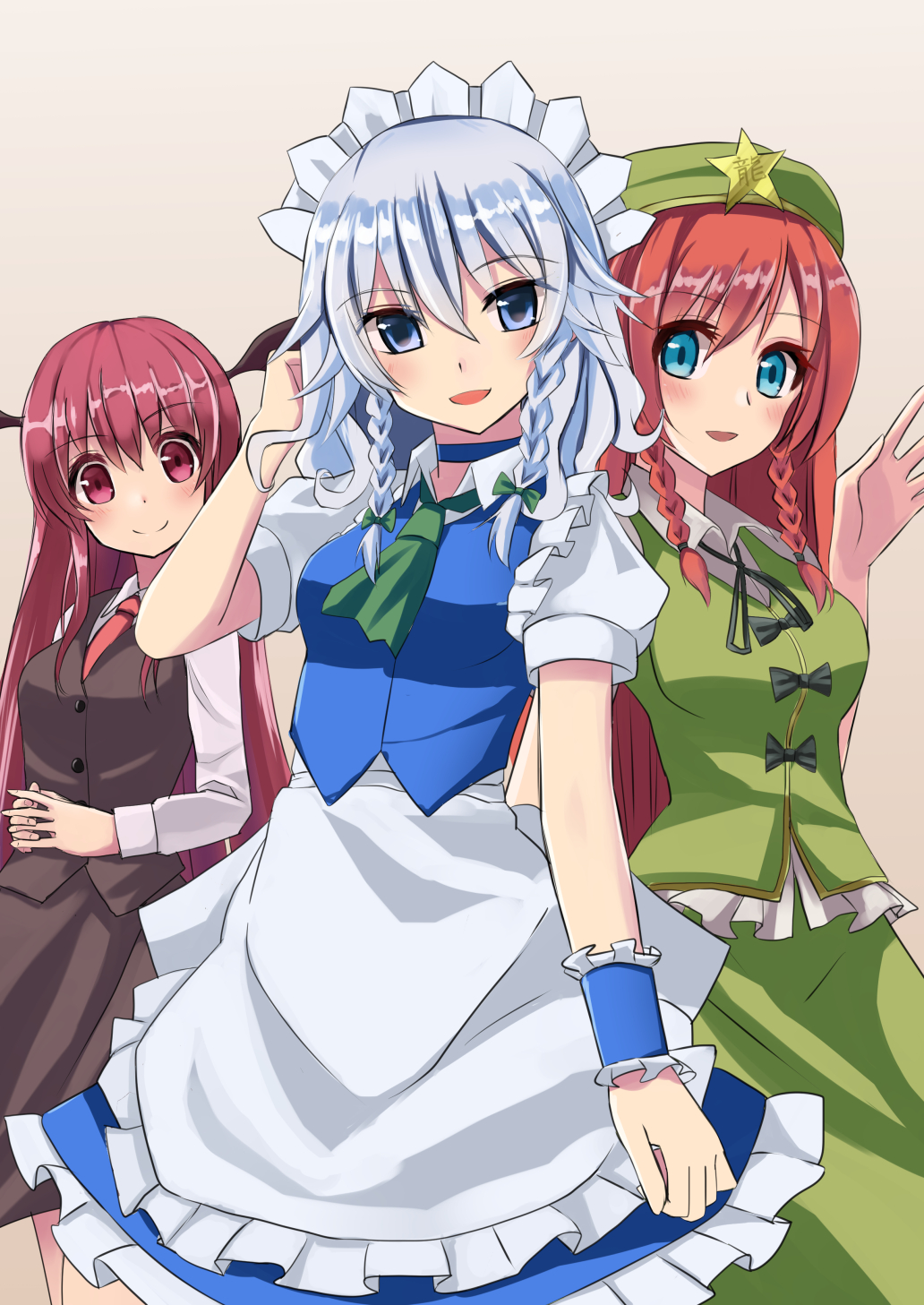 3girls :d apron bat_wings beret blue_dress blue_eyes blush braid breasts china_dress chinese_clothes collared_shirt commentary_request dress dress_shirt green_dress grey_background hasu_(lausdys) hat head_wings highres hong_meiling izayoi_sakuya koakuma long_hair long_sleeves looking_at_viewer maid maid_headdress multiple_girls necktie open_mouth red_eyes red_necktie redhead shirt short_sleeves silver_hair simple_background skirt skirt_set smile star touhou twin_braids very_long_hair vest waist_apron white_shirt wings wrist_cuffs