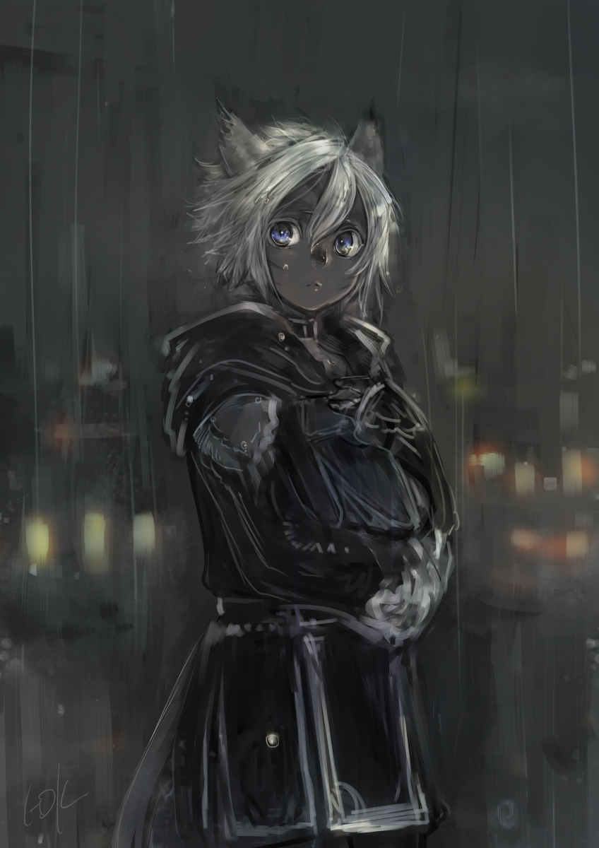 1girl animal_ears blue_eyes carrying cat_ears choker city city_lights cowboy_shot crossed_arms dark doraeshi facial_mark final_fantasy final_fantasy_xi highres hood looking_to_the_side mithra night package rain short_hair signature sketch sky solo spiky_hair tunic white_hair