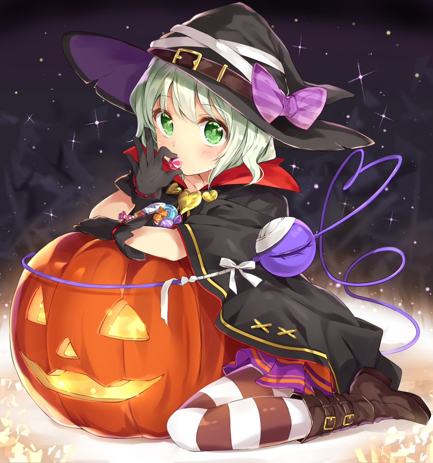 1girl alternate_costume bandages bangs belt belt_boots black_gloves blush boots bow brown_boots candy candy_wrapper cape eating gloves green_eyes green_hair halloween halloween_costume hat hat_belt hat_bow heart izuru jack-o'-lantern komeiji_koishi looking_at_viewer pink_bow purple_skirt short_hair skirt sky solo star_(sky) starry_sky striped striped_bow striped_legwear thigh-highs third_eye touhou witch_hat