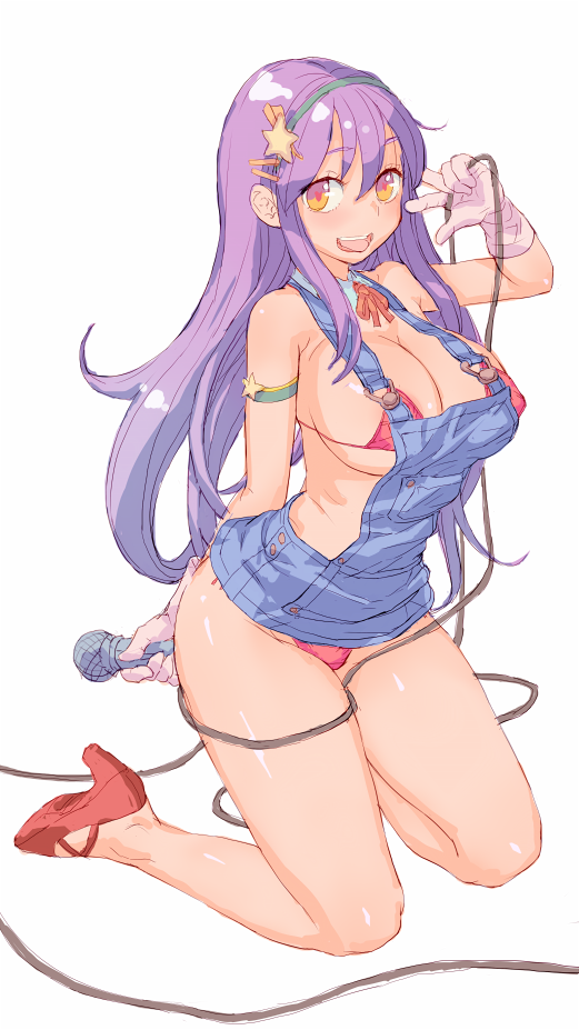 1girl asamiya_athena bikini breasts collar full_body gloves hairband high_heels kneeling long_hair looking_at_viewer medium_breasts micro_bikini microphone navel open_mouth overall_skirt psycho_soldier purple_hair red_bikini red_shoes shoes simple_background solo swimsuit the_king_of_fighters uniskie_saabunrou v white_background yellow_eyes