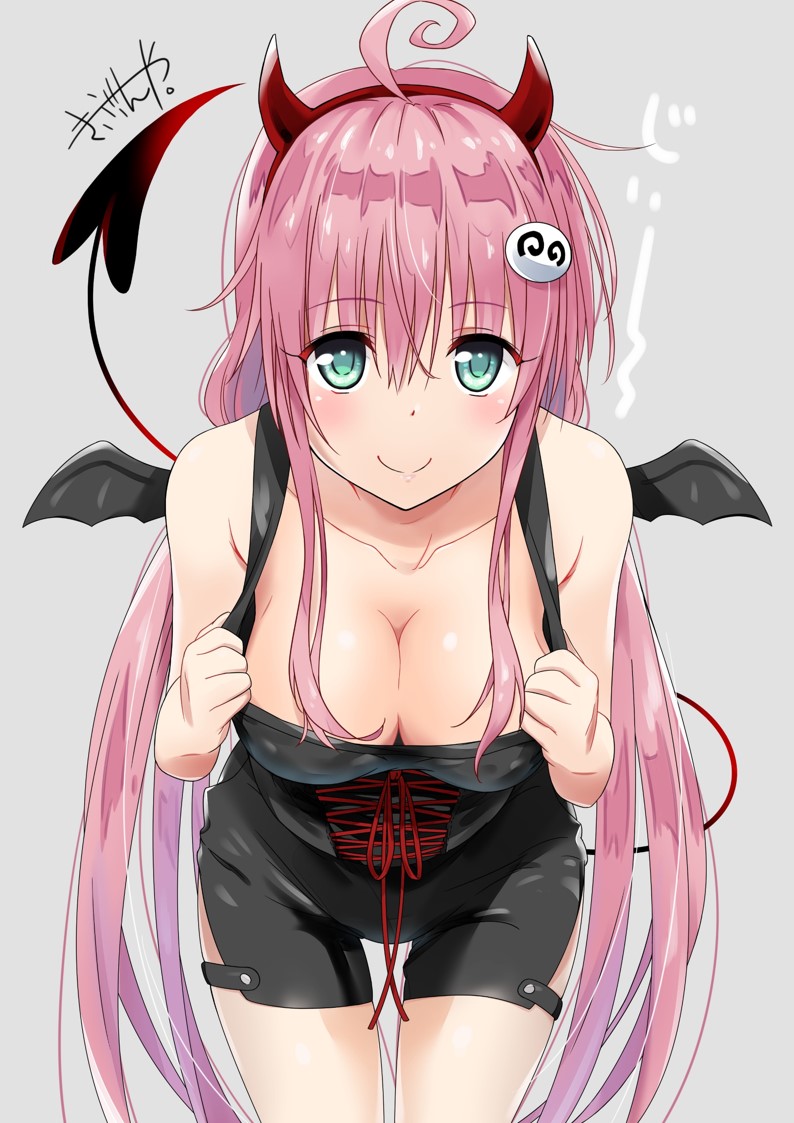 1girl ahoge aqua_eyes blush breasts cleavage covered_nipples demon_horns demon_tail demon_wings fake_horns fake_wings hair_ornament halloween_costume horns lala_satalin_deviluke large_breasts leaning_forward long_hair murio naked_overalls overalls peke pink_hair red_ribbon ribbon smile solo tail to_love-ru wings