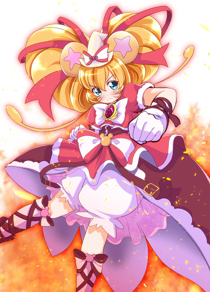 1girl animal_ears bear_ears bloomers blue_eyes bow brooch clenched_hand cure_mofurun gloves hair_ribbon hat hat_bow jewelry kneehighs long_hair mahou_girls_precure! mini_hat mini_witch_hat mofurun_(mahou_girls_precure!) orange_hair personification precure red_ribbon red_skirt ribbon ruby_style serious skirt solo striped striped_bow teliga underwear white_bow white_gloves white_hat witch_hat