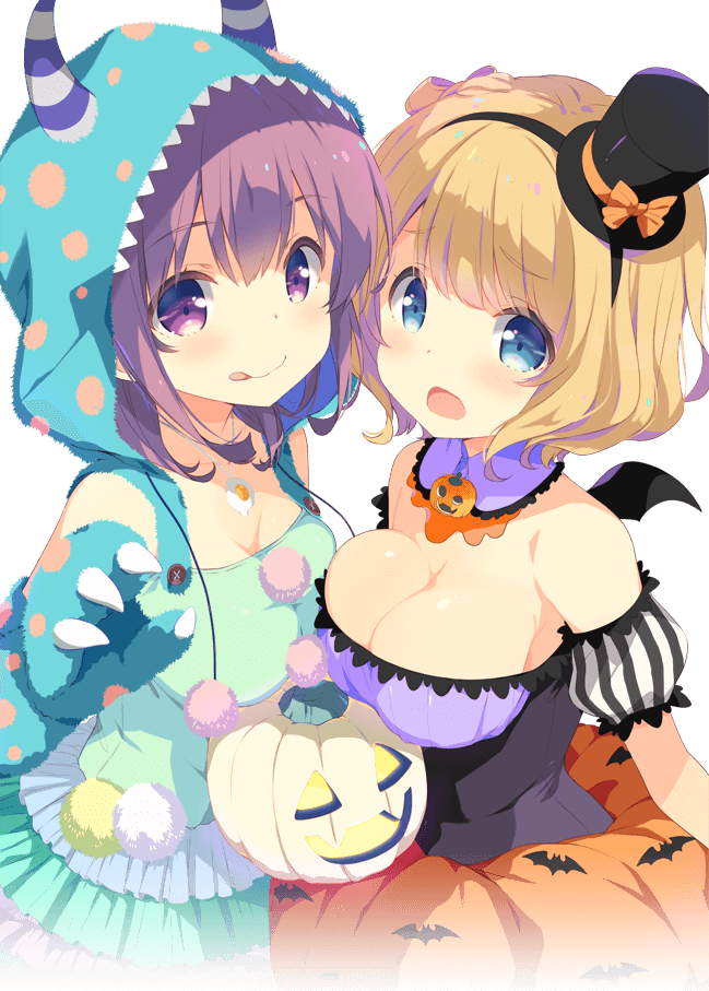 2girls :p bat_print bat_wings blonde_hair blue_eyes blush bow breast_press breasts claws detached_collar detached_sleeves gi(a)rlish_number hairband halloween halloween_costume hat hat_bow hood horned_headwear horns jack-o'-lantern jewelry karasuma_chitose_(gi(a)rlish_number) kugayama_yae medium_breasts mini_wings multiple_girls necklace official_art open_mouth pom_pom_(clothes) puffy_detached_sleeves puffy_sleeves red_eyes redhead short_hair striped_sleeves tongue tongue_out wings