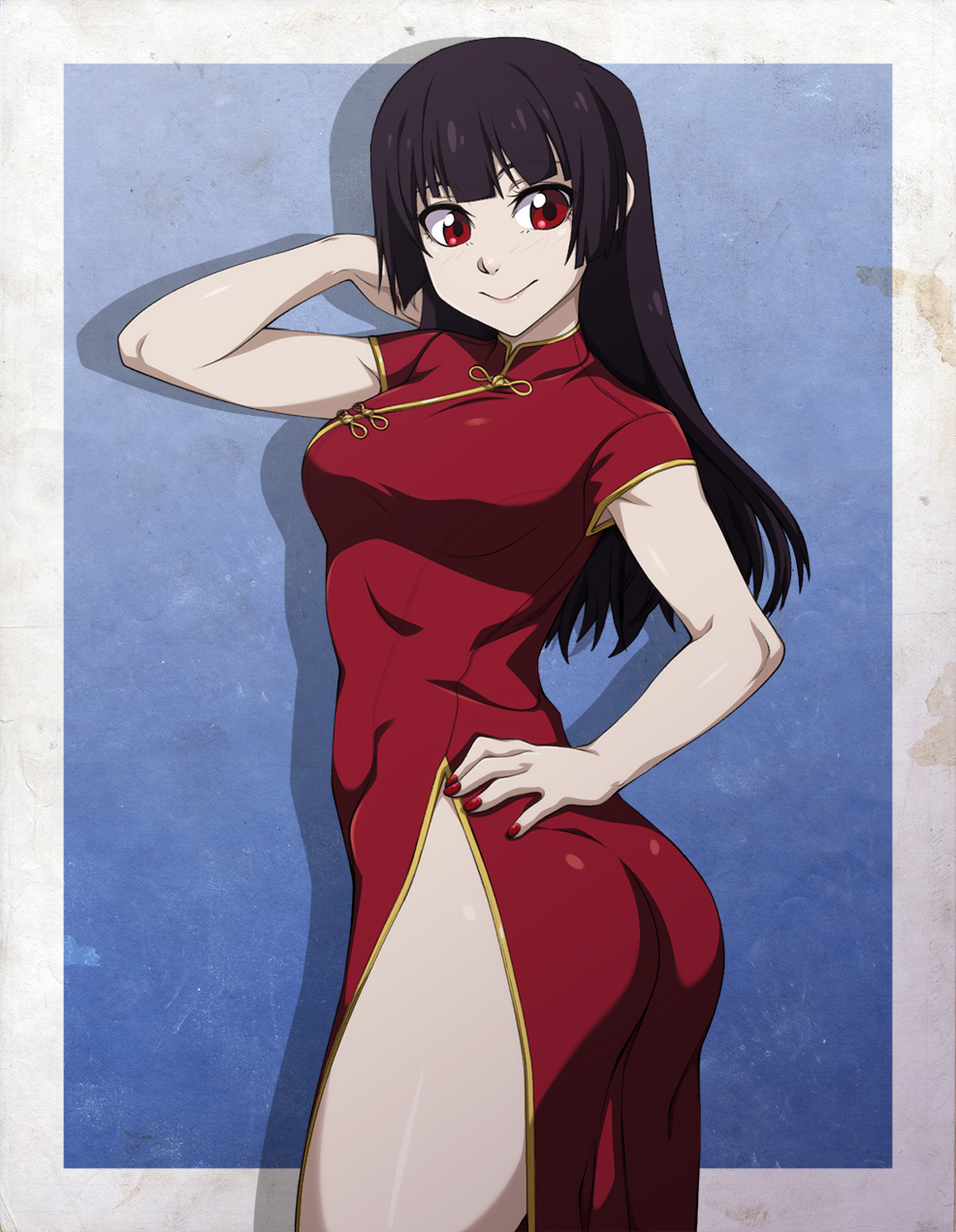 1girl ass black_hair breasts china_dress chinese_clothes commentary dress hair_flip highres kanoe_yuuko long_hair medium_breasts nail_polish no_panties red_dress red_eyes side_slit smile solo spike_wible tasogare_otome_x_amnesia thighs