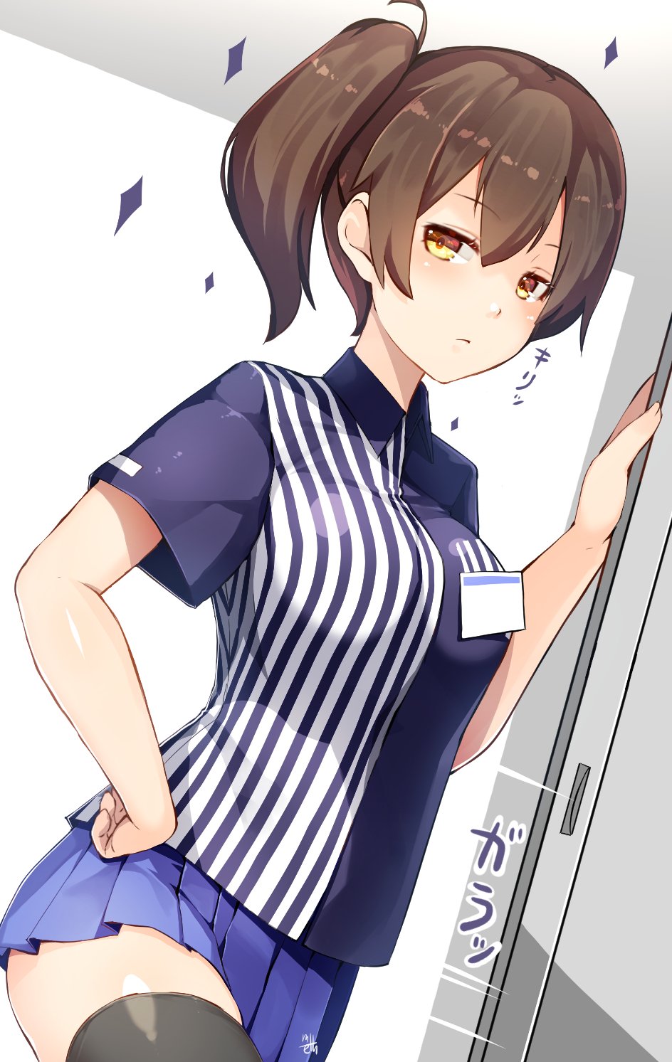 1girl black_legwear brown_hair commentary_request dutch_angle employee_uniform hand_on_hip highres kaga_(kantai_collection) kantai_collection lawson light_brown_eyes looking_at_viewer meth_(emethmeth) miniskirt opening_door pleated_skirt side_ponytail skirt solo thigh-highs uniform zettai_ryouiki