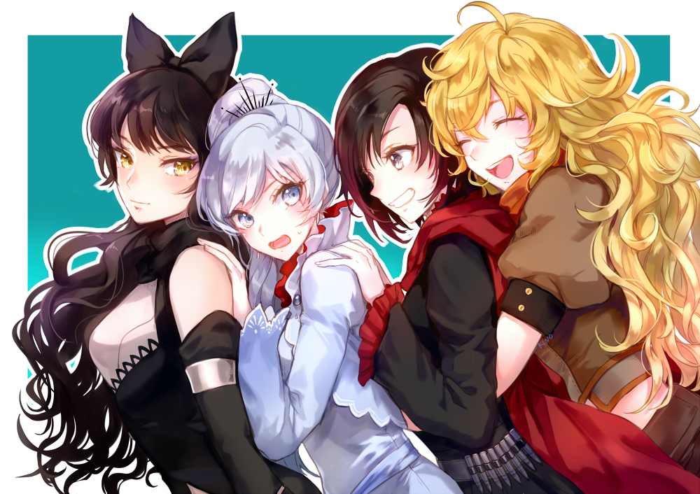 4girls ^_^ ahoge aqua_background bangs black_bow black_hair black_scarf blake_belladonna blonde_hair blue_eyes blush bow breasts bullet cape closed_eyes closed_mouth eyebrows eyebrows_visible_through_hair eyelashes frilled_sleeves frills from_side gradient_hair grey_eyes grin hair_between_eyes hair_bow hair_over_shoulder hand_on_another's_shoulder happy hug hug_from_behind kino25_n long_hair long_sleeves looking_at_another looking_at_viewer medium_breasts messy_hair midriff multicolored_hair multiple_girls open_mouth outline outside_border ponytail redhead ruby_rose rwby scar scar_across_eye scarf short_hair short_sleeves smile sweatdrop two-tone_hair upper_body wavy_hair weiss_schnee white_border white_hair yang_xiao_long yellow_eyes