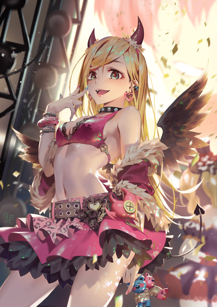 2016 2girls :d arm_at_side bangle bangs beads belt bikini_top black_wings blonde_hair blue_nails blurry bracelet breasts character_request collar confetti cowboy_shot cropped_jacket dated demon_horns demon_tail depth_of_field detached_sleeves dress dutch_angle earrings fake_horns feathered_wings fujimoto_rina fur-lined_jacket fur_trim grey_eyes hairband heart heart_earrings horns idolmaster idolmaster_cinderella_girls jewelry lace_trim lamier leopard_print light_particles long_hair looking_at_viewer midriff miniskirt multicolored_nail_polish multiple_girls nail_polish number off_shoulder open_mouth pink_bikini_top pink_jacket pink_lips pink_nails pink_skirt pinky_out revision signature skirt small_breasts smile solo_focus stage straight_hair stuffed_animal stuffed_toy swept_bangs tail teddy_bear wings