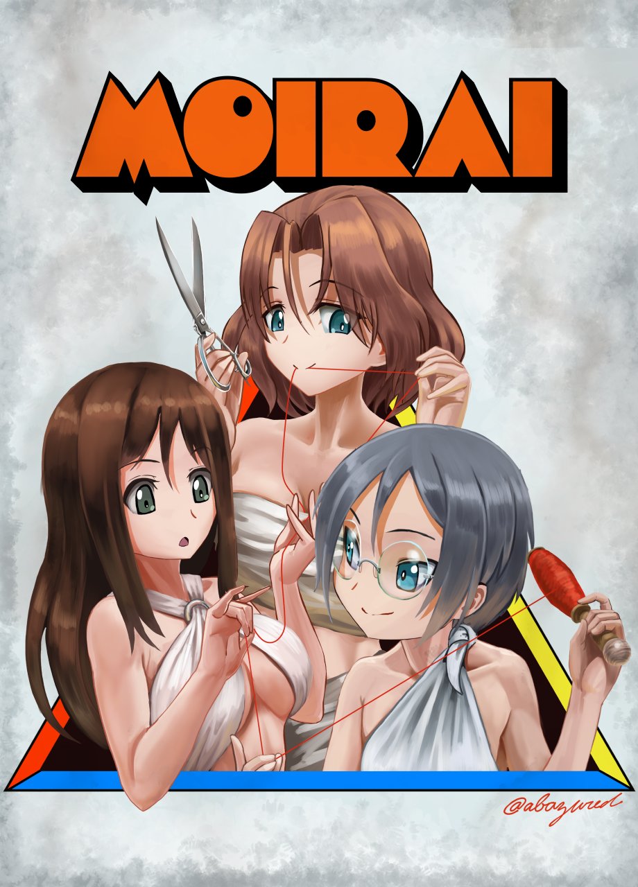 3girls a_clockwork_orange abazu-red azumi_(girls_und_panzer) bare_shoulders blue_eyes breasts brown_hair cleavage eyebrows eyebrows_visible_through_hair girls_und_panzer glasses greek greek_mythology green_eyes hair_between_eyes highres holding large_breasts long_hair medium_breasts megumi_(girls_und_panzer) multiple_girls nose_art open_mouth parody red_string rumi_(girls_und_panzer) scissors short_hair small_breasts smile spindle string style_parody toga translated triangle twitter_username under_boob