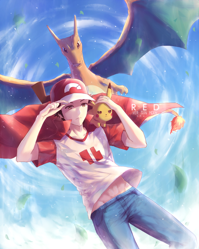 :&lt; artist_name bare_arms baseball_cap blue_pants blue_sky brown_eyes brown_hair character_name charizard closed_mouth clothes_writing clouds copyright_name day falling_leaves frown half-closed_eyes hand_on_another's_head hand_on_headwear hat light_particles male_focus motion_blur number pants pikachu pokemon pokemon_(creature) pokemon_(game) pokemon_sm raglan_sleeves red_(pokemon) red_(pokemon)_(sm) red_cape shade shirt short_sleeves shuryukan sky stomach t-shirt wind