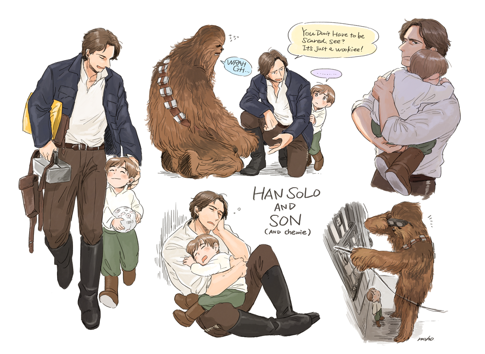 ... 3boys ben_solo boots brown_hair chewbacca child closed_eyes english father_and_son han_solo jacket male_focus matsuri6373 multiple_boys open_clothes open_jacket peeking_out signature speech_bubble spoken_ellipsis star_wars star_wars:_the_force_awakens walking welding wookiee
