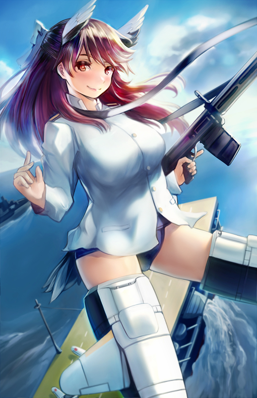 1girl aircraft_carrier animal_ears blush brave_witches breasts brown_eyes brown_hair closed_mouth clouds comic-z day epaulettes gun half_updo head_tilt holding holding_gun holding_weapon karibuchi_takami long_sleeves machine_gun medium_breasts military military_vehicle one-piece_swimsuit outdoors ship shirt sky smile solo striker_unit swimsuit trigger_discipline warship water watercraft weapon white_shirt world_witches_series