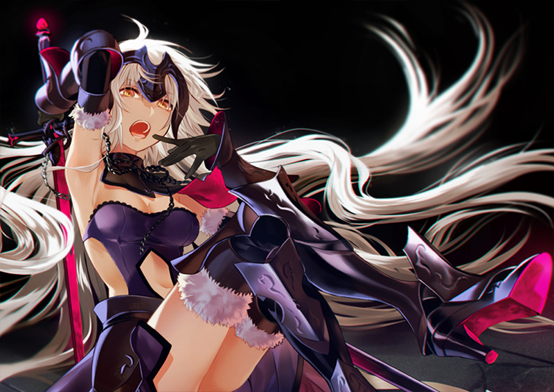 1girl armor armored_boots bare_shoulders boots chain cowter crossed_legs detached_collar fate/grand_order fate_(series) fur_trim gloves jeanne_alter kyou_zip open_mouth ruler_(fate/apocrypha) solo thigh-highs thigh_boots vambraces white_hair yellow_eyes