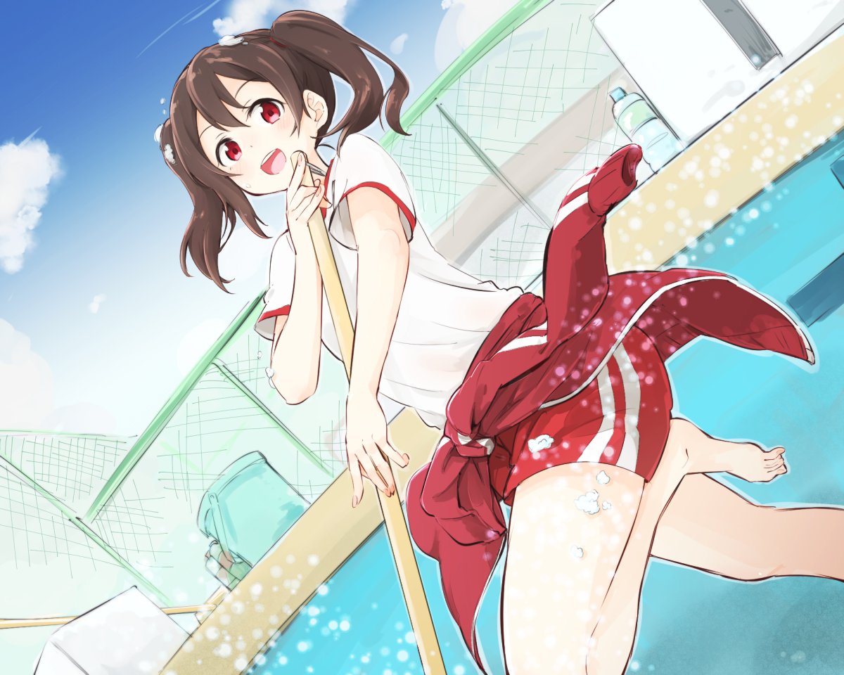 1girl \m/ \||/ araco bangs barefoot black_hair bottle bucket cleaning_brush clothes_around_waist commentary_request dutch_angle fence gym_shorts gym_uniform jacket jacket_around_waist love_live! love_live!_school_idol_project pool red_eyes shorts soap_bottle soap_bubbles solo standing standing_on_one_leg track_jacket twintails water_bottle yazawa_nico