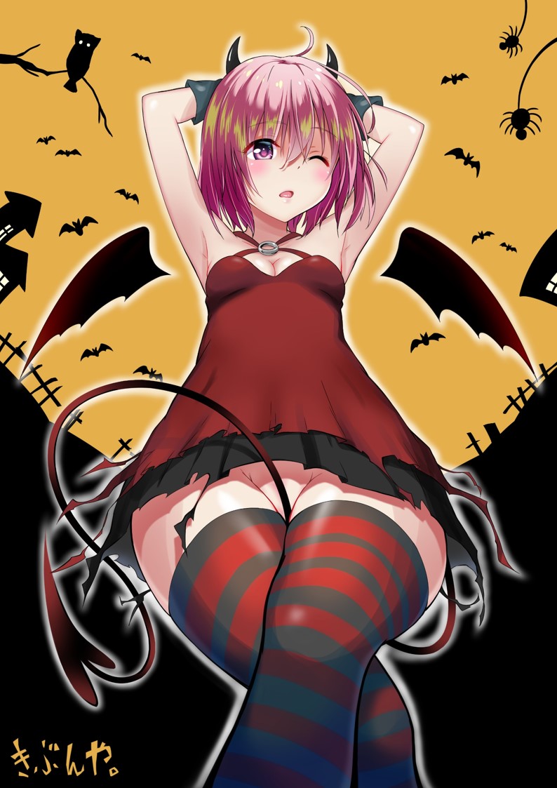 1girl armpits arms_up bat blush breasts cleavage convenient_censoring crossed_legs demon_horns demon_tail demon_wings dress fake_horns fake_wings groin halloween_costume horns momo_velia_deviluke murio no_panties one_eye_closed pink_hair red_dress short_dress short_hair solo striped striped_legwear tail thigh-highs to_love-ru to_love-ru_darkness violet_eyes wings