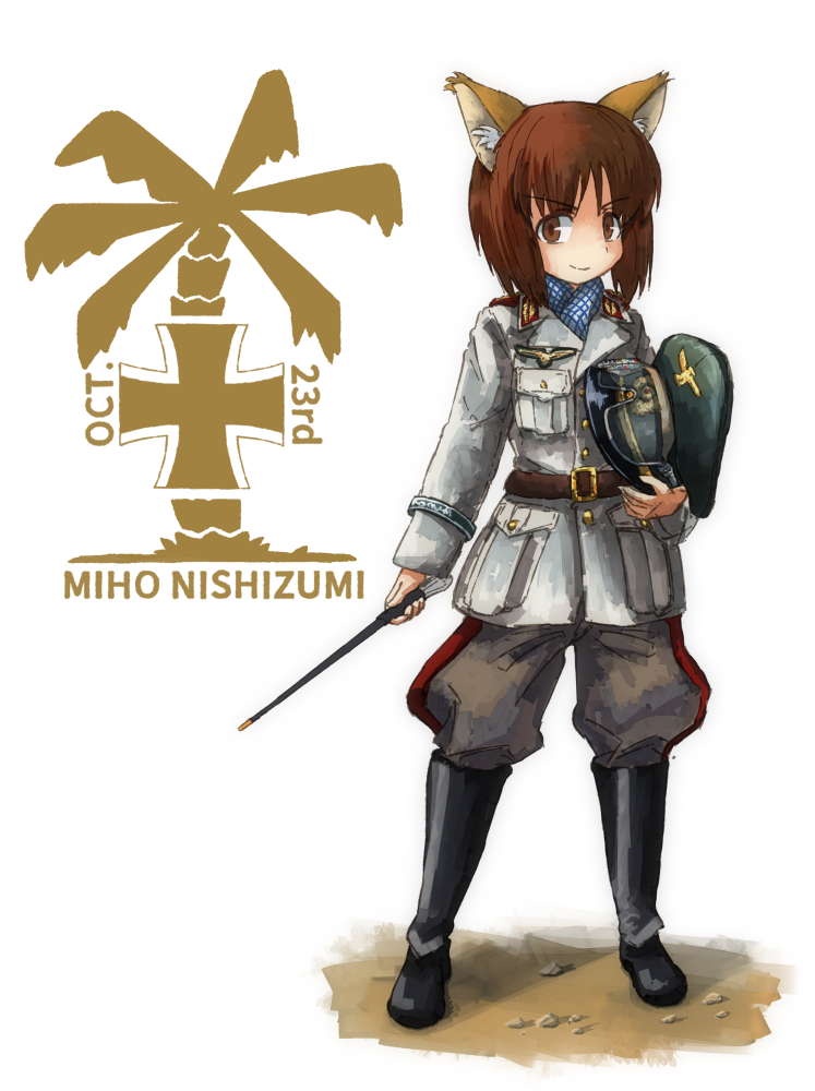 1girl afrika_korps animal_ears belt birthday boots brown_eyes brown_hair character_name commentary dated erwin_rommel fox_ears gaditava girls_und_panzer goggles goggles_on_headwear hat holding holding_hat iron_cross kemonomimi_mode logo looking_at_viewer military military_uniform nishizumi_miho palm_tree peaked_cap riding_crop scarf short_hair simple_background smirk solo tree uniform white_background world_war_ii