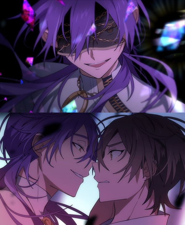2boys bishounen bread024 brown_eyes brown_hair character_request covering_eyes eiden_(nu_carnival) face-to-face long_hair male_focus multiple_boys nu_carnival purple_hair semi-transparent short_hair