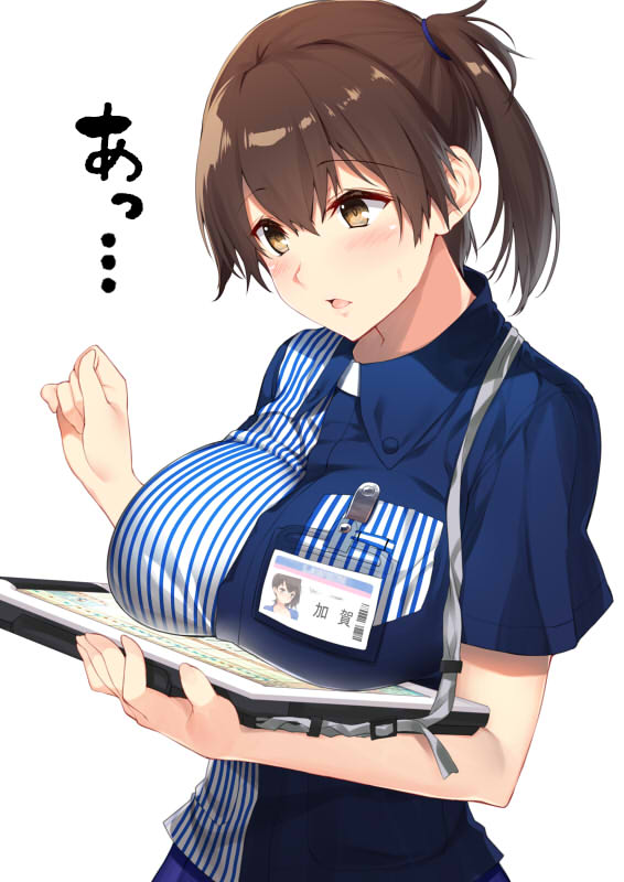 1girl blush breast_rest breasts brown_eyes brown_hair commentary employee_uniform id_card inconvenient_breasts kaga_(kantai_collection) kantai_collection large_breasts lawson open_mouth side_ponytail simple_background solo uniform white_background yatsu_(sasuraino)