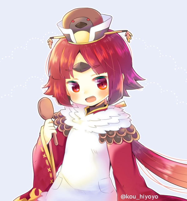 1girl :d apron bangs benienma_(fate/grand_order) blue_background blush brown_hat commentary_request eyebrows_visible_through_hair fate/grand_order fate_(series) hat holding holding_spoon kouu_hiyoyo long_sleeves looking_at_viewer open_mouth parted_bangs red_eyes redhead sleeves_past_wrists smile solo spoon twitter_username white_apron wide_sleeves wooden_spoon