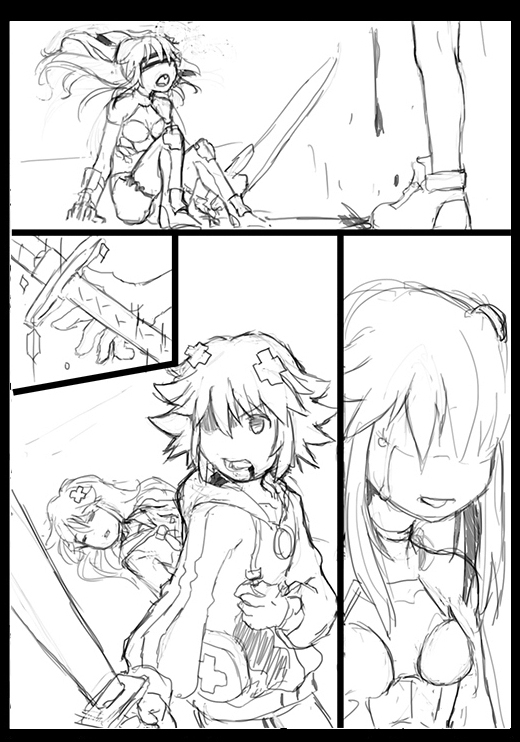 3girls blood blood_from_mouth bloody_clothes choujigen_game_neptune crying dual_persona greyscale left-to-right_manga monochrome multiple_girls nepgear neptune_(choujigen_game_neptune) neptune_(series) pixiv_sample purple_sister segamark shaded_face siblings sisters sword unconscious weapon