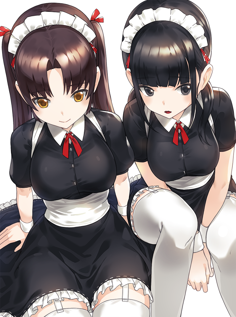 2girls apron arms_at_sides bangs between_legs black_hair blunt_bangs breasts brown_hair commentary_request garter_straps grey_eyes hair_ribbon hand_between_legs kfr large_breasts long_hair maid maid_headdress multiple_girls original parted_bangs red_eyes ribbon short_hair short_sleeves sidelocks smile thigh-highs twintails wrist_cuffs