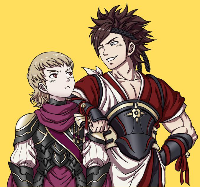 2boys annoyed arm_on_shoulder armor artist_request bell black_armor blonde_hair brown_hair cape fire_emblem fire_emblem_if grey_eyes grin headband height_difference japanese_clothes multiple_boys muscle one_eye_closed pectorals pout puffy_sleeves red_eyes sash shinonome_(fire_emblem_if) short_hair siegbert_(fire_emblem_if) simple_background smile spiky_hair yellow_background