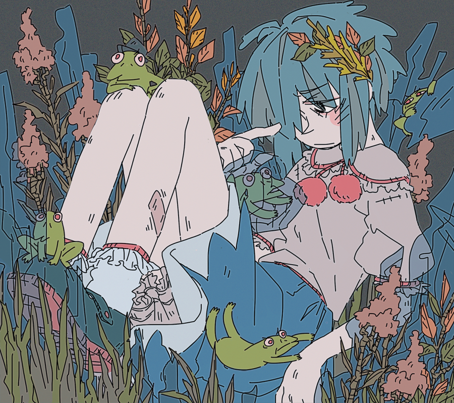 1girl bloomers blue_eyes blue_hair blush cirno folded frilled_legwear frilled_sleeves frills frog frozen ice limited_palette muted_color pom_pom_(clothes) puffy_sleeves shirt shoes sitting sketch skirt smr03 solo touhou underwear white_legwear