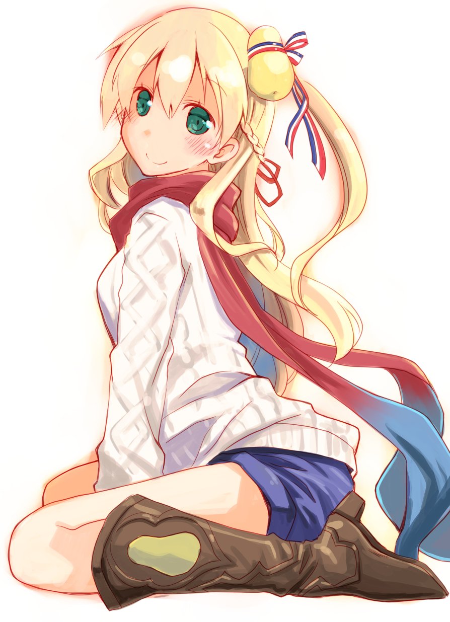 1girl aqua_eyes between_legs blonde_hair blush boots braid food food_on_head fran_(shironeko_project) from_side hair_between_eyes hair_ribbon hand_between_legs high_heel_boots high_heels highres knee_boots long_hair long_sleeves looking_at_viewer object_on_head one_side_up ribbon scarf shironeko_project shorts sitting smile solo striped striped_ribbon sweater theta_(ponkotsu_works) wariza white_background white_sweater