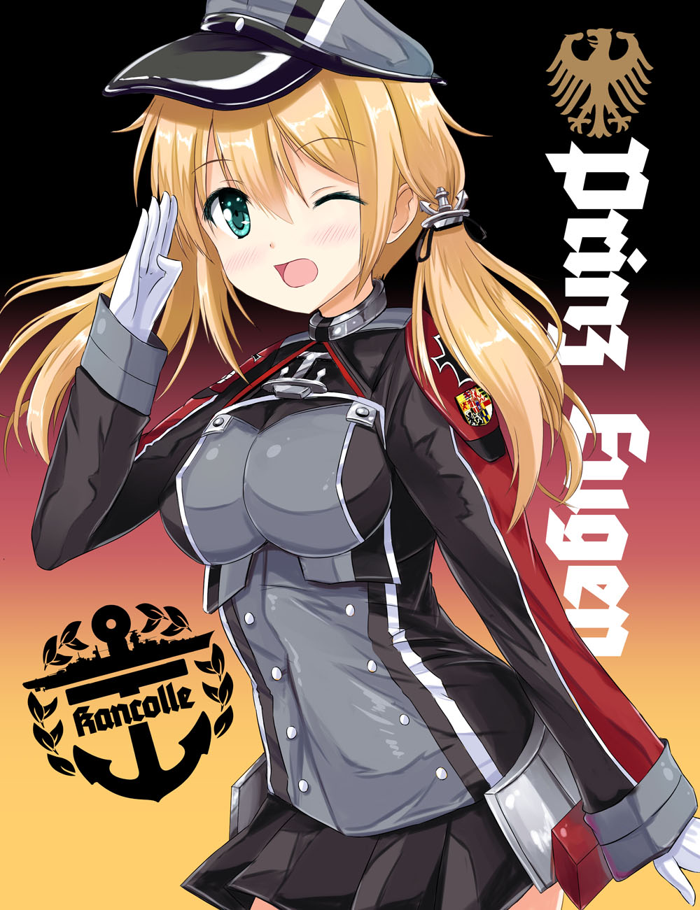1girl anchor_hair_ornament black_ribbon blonde_hair blue_eyes breasts gloves hair_ornament hat highres iron_cross kantai_collection large_breasts long_hair low_twintails microskirt military military_hat military_uniform one_eye_closed peaked_cap prinz_eugen_(kantai_collection) ribbon salute skirt solo suzuta_yume twintails uniform white_gloves