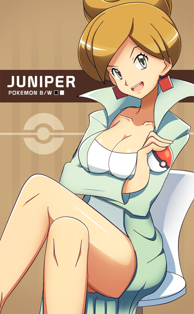 1girl araragi_(pokemon) bare_legs breasts brown_hair crossed_legs earrings green_eyes jewelry labcoat legs looking_at_viewer poke_ball pokemon pokemon_(game) pokemon_bw solo vivivoovoo