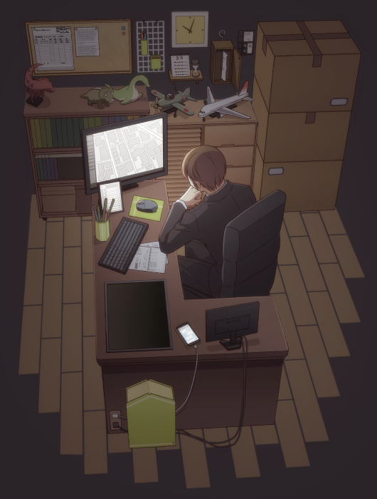 analog_clock black_jacket board book bookshelf box brown_hair cabinet calendar_(object) cardboard_box cellphone chair charging clock computer_keyboard computer_mouse crescent cup dark electric_socket floor formal from_above hourglass indoors itou_(mogura) jacket lonely long_sleeves male_focus model monitor mousepad mug ninomiya_masataka office office_chair paper phone running_bond sitting solo stuffed_dinosaur suit wooden_floor world_trigger