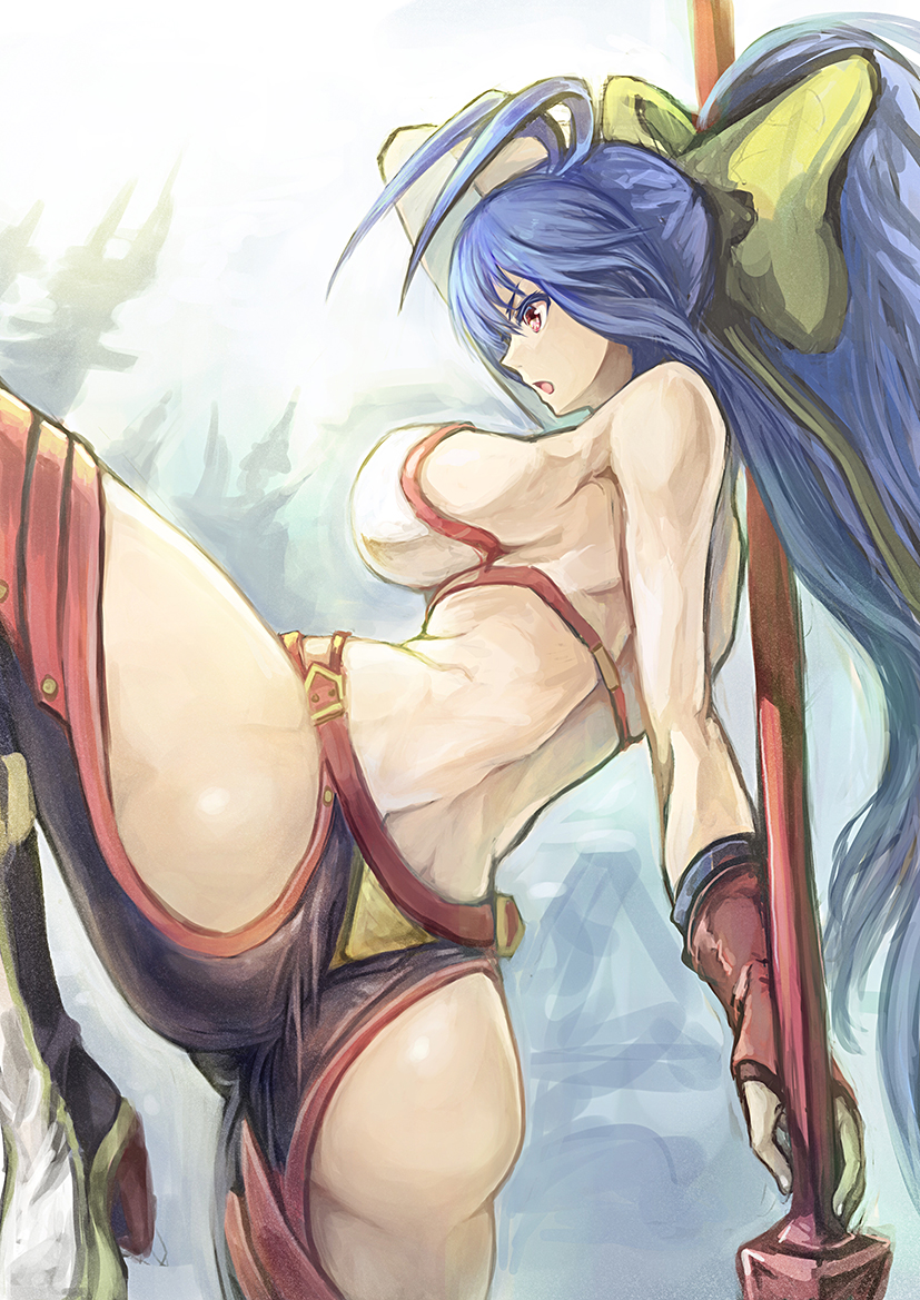 &gt;:o 1girl :o antenna_hair armpits ass back backless_outfit bangs bare_arms bare_shoulders behind_back big_hair black_pants blazblue blazblue:_central_fiction blue_hair boots bow breasts fighting_stance fingerless_gloves from_side genderswap genderswap_(mtf) gloves hair_between_eyes hair_bow halter_top halterneck high_heel_boots high_heels holding holding_weapon large_breasts leg_up long_hair lowleg lowleg_pants mai_natsume midriff no_bra no_panties open_mouth outseal pants polearm ponytail profile red_gloves revealing_clothes ribbon shouma_(bravespiritya) sideboob sidelocks solo spear standing thighs very_long_hair violet_eyes weapon yellow_bow