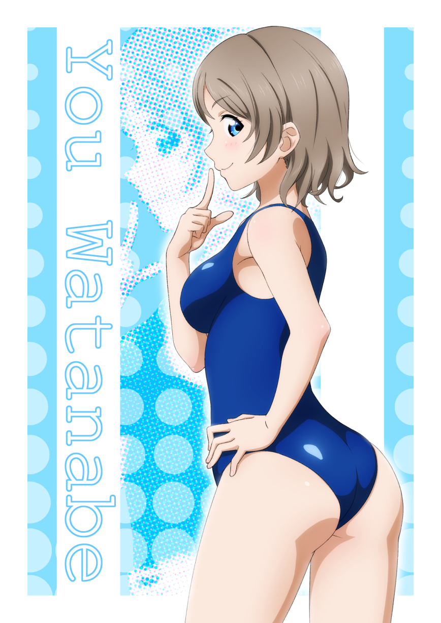 1girl ass blue_eyes blue_swimsuit brown_hair character_name finger_to_mouth hand_on_hip highres index_finger_raised looking_at_viewer love_live! love_live!_sunshine!! one-piece_swimsuit profile sazanami_tarou short_hair smile standing swimsuit watanabe_you zoom_layer