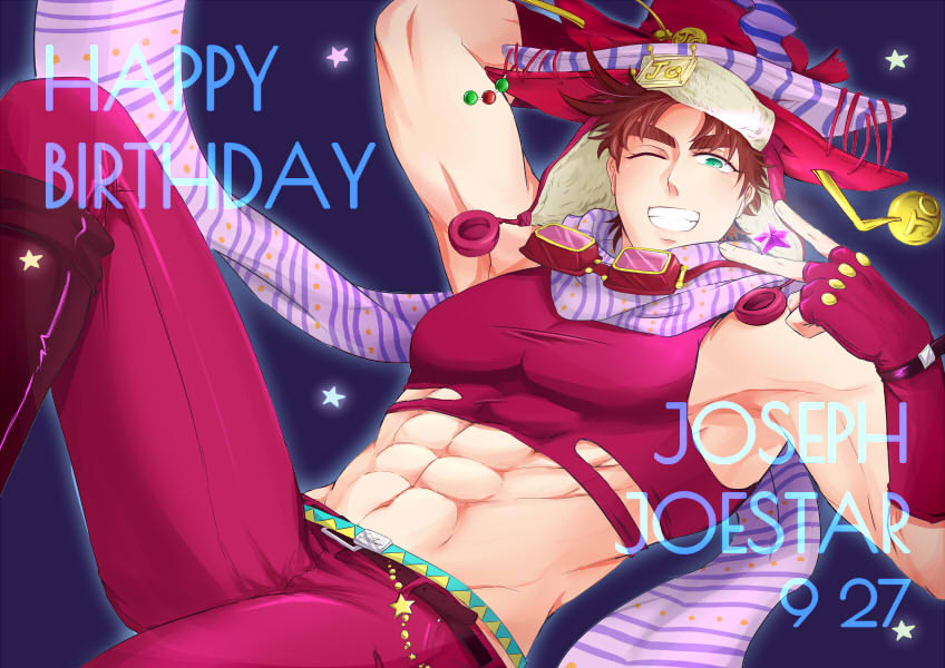 1boy abs boots brown_hair character_name crop_top fingerless_gloves gloves goggles goggles_around_neck green_eyes grin hand_behind_head happy_birthday hat jojo_no_kimyou_na_bouken joseph_joestar_(young) lying male_focus micken midriff muscle navel on_back one_eye_closed red_boots scarf smile solo star striped striped_scarf v