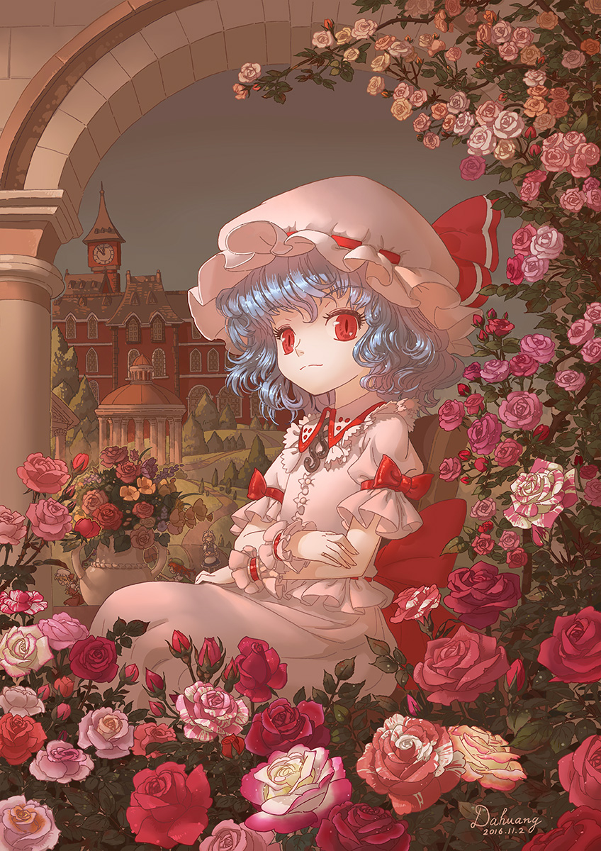 4girls artist_name bangs blue_eyes closed_mouth commentary_request crossed_arms curly_hair dahuang dated eyebrows eyebrows_visible_through_hair flandre_scarlet flower gazebo hat hat_ribbon highres hong_meiling izayoi_sakuya looking_at_viewer mob_cap multiple_girls pink_rose puffy_short_sleeves puffy_sleeves red_eyes red_ribbon red_rose remilia_scarlet ribbon rose scarlet_devil_mansion shirt short_sleeves signature sitting skirt touhou vase wrist_cuffs