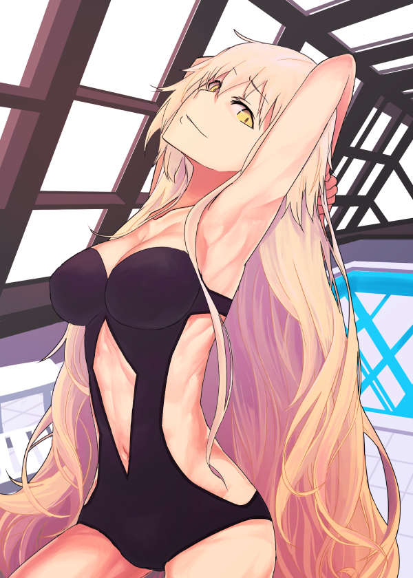 1girl arm_behind_head arm_up armpits blonde_hair breasts fate/grand_order fate_(series) i-pan indoors jeanne_alter long_hair looking_at_viewer medium_breasts navel_cutout one-piece_swimsuit pool rei_no_pool ruler_(fate/apocrypha) smile solo swimsuit very_long_hair yellow_eyes
