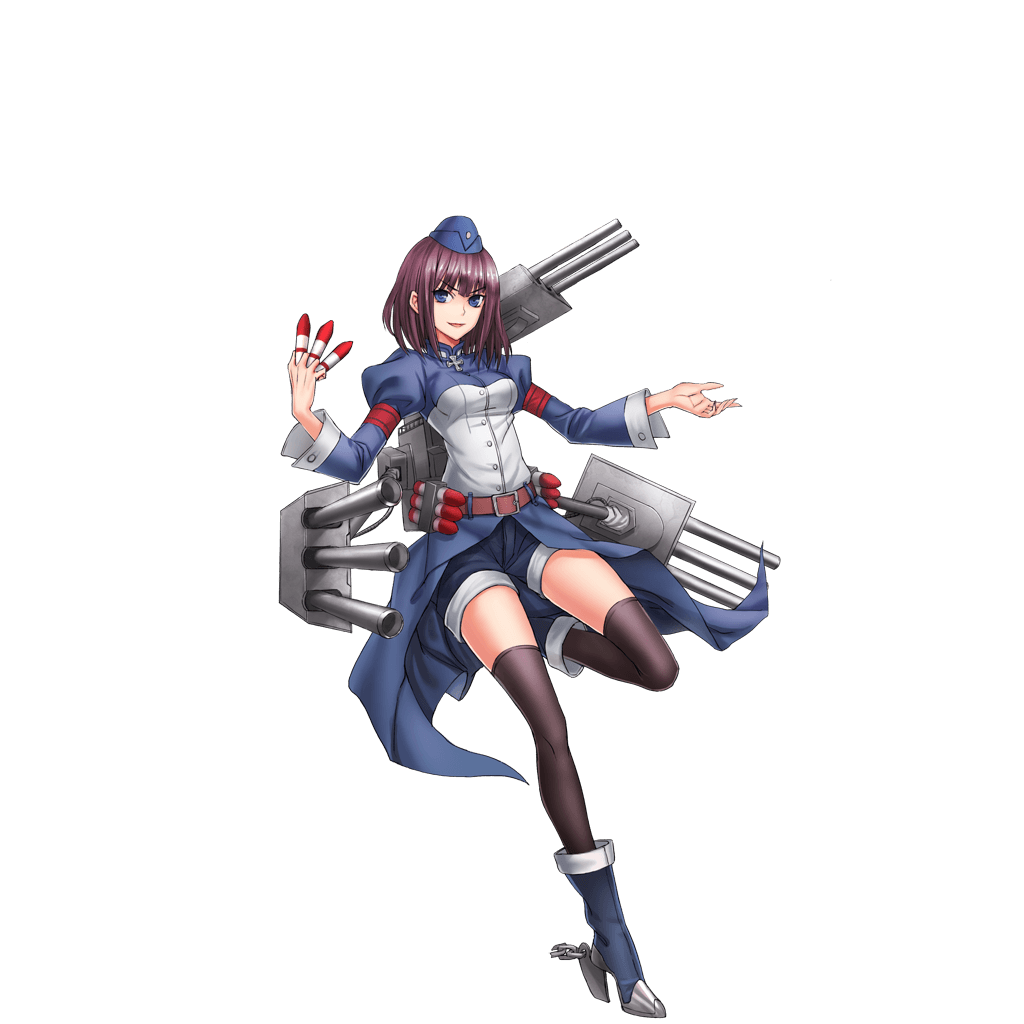&gt;:d 1girl :d armband belt between_fingers black_legwear blue_boots blue_coat blue_eyes blue_hat boots breasts brown_hair buttons cannon chain eyebrows eyebrows_visible_through_hair full_body garrison_cap hat high_heels holding infukun iron_cross juliet_sleeves konigsberg_(zhan_jian_shao_nyu) long_sleeves machinery official_art one_leg_raised open_mouth puffy_sleeves rudder_shoes shorts smile solo standing standing_on_one_leg thigh-highs torpedo transparent_background turret zhan_jian_shao_nyu