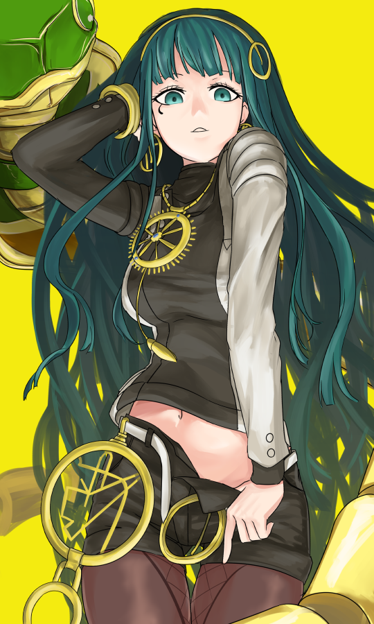 1girl adjusting_hair bangs cleopatra_(fate/grand_order) cowboy_shot earrings facial_tattoo fate/grand_order fate_(series) green_eyes green_hair hairband i-pan jewelry long_hair looking_at_viewer navel necklace open_clothes open_shorts pantyhose parted_lips shorts solo tattoo thigh_gap very_long_hair wavy_hair