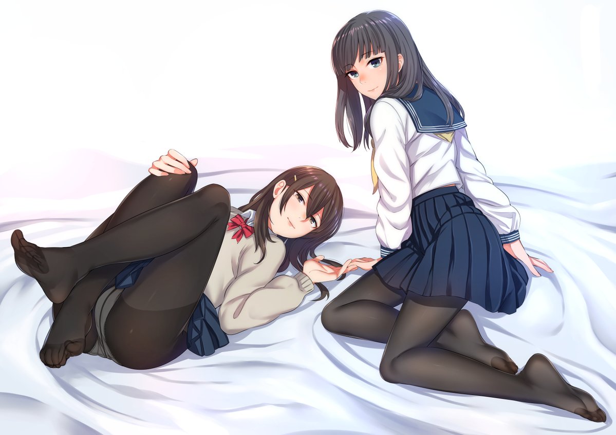 2girls black_hair blue_eyes brown_hair cardigan crossed_legs eyebrows eyebrows_visible_through_hair hair_ornament hairclip kyuuso_inukami legs long_hair looking_at_viewer lying multiple_girls open_mouth original panties pantyhose pleated_skirt ribbon scarf school_uniform serafuku simple_background sitting skirt skirt_pull thighs underwear white_panties