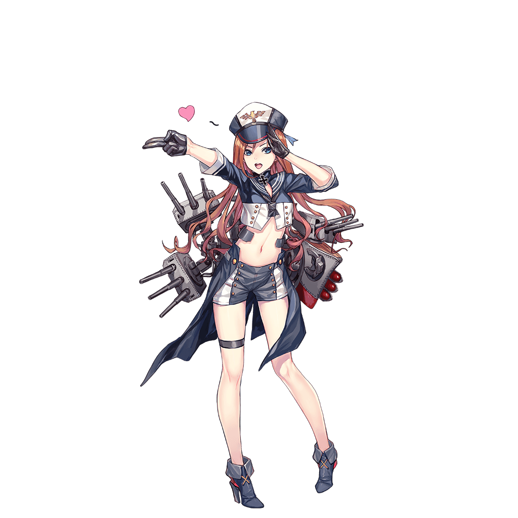 &gt;:d 1girl :d anchor arms_up black_gloves blue_eyes blue_hat blue_jacket blue_shoes blue_shorts buttons cannon cropped_jacket full_body gloves hat heart high_heels infukun iron_cross jacket koln_(zhan_jian_shao_nyu) legs_apart long_hair looking_at_viewer machinery midriff military_hat navel neckerchief official_art open_mouth orange_hair outstretched_arm pointing remodel_(zhan_jian_shao_nyu) sailor_collar saluting shoes shorts smile solo standing teeth thigh_strap tongue torpedo transparent_background turret white_jacket zhan_jian_shao_nyu