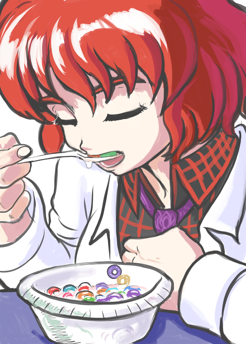 1girl blazer cereal closed_eyes collared_shirt dated eating eyebrows froot_loops highres horikawa_raiko jacket necktie profitshame redhead shirt short_hair signature solo thick_eyebrows touhou