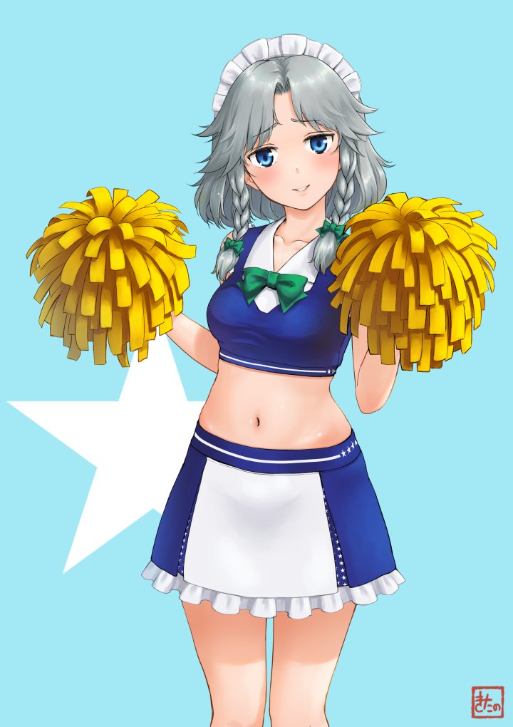 1girl adapted_costume bare_shoulders blue_eyes blush bow braid cheerleader commentary_request green_bow hair_bow izayoi_sakuya kitano_(kitanosnowwhite) looking_at_viewer maid_headdress midriff navel pom_poms silver_hair skirt smile solo touhou twin_braids
