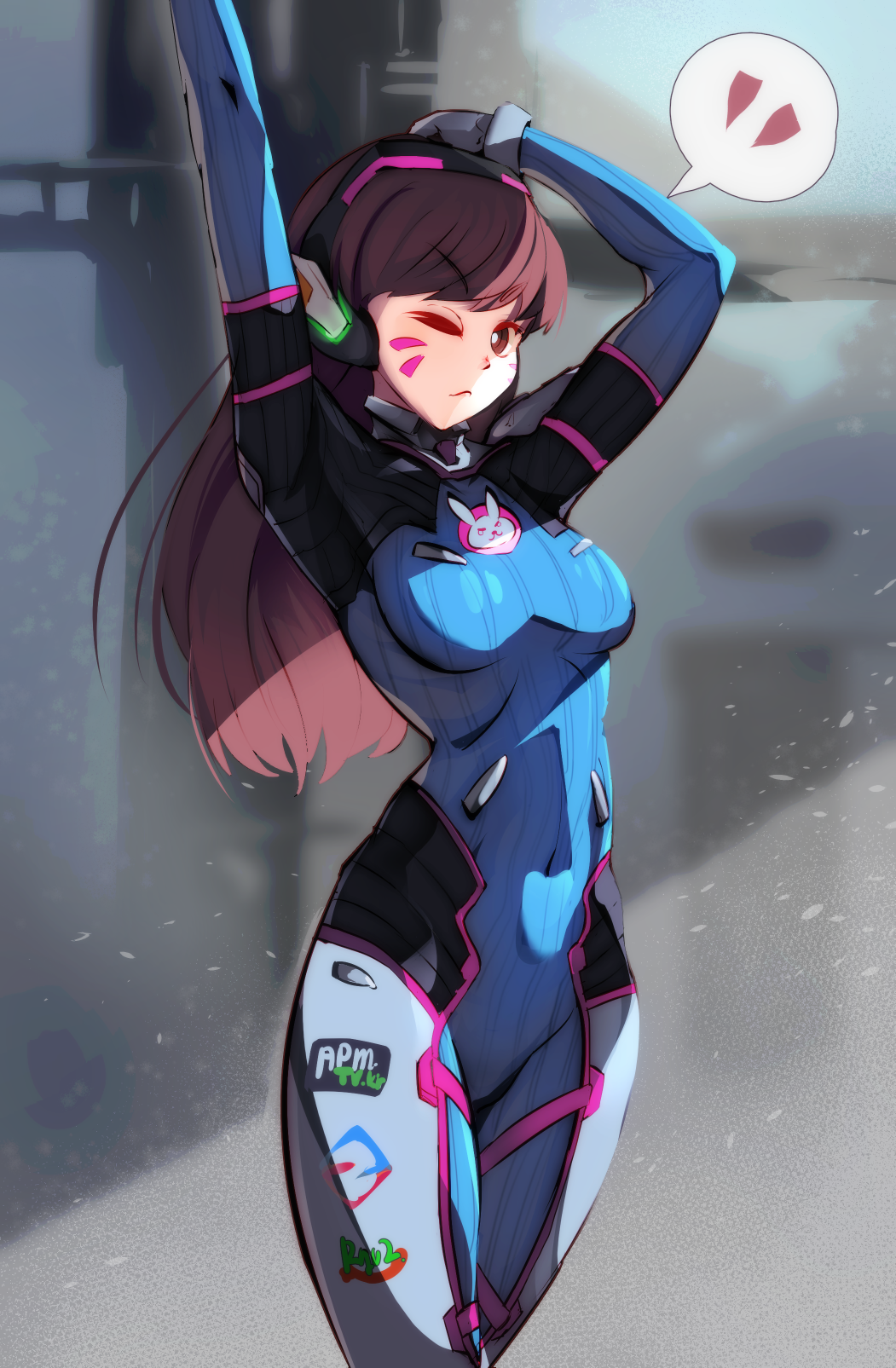 1girl arms_up bangs bodysuit breasts brown_eyes brown_hair closed_mouth covered_navel cowboy_shot d.va_(overwatch) facepaint facial_mark headphones high_collar highres legs_together long_hair looking_at_viewer medium_breasts one_eye_closed overwatch ribbed_bodysuit ryuji_(red-truth) skin_tight solo speech_bubble standing swept_bangs whisker_markings